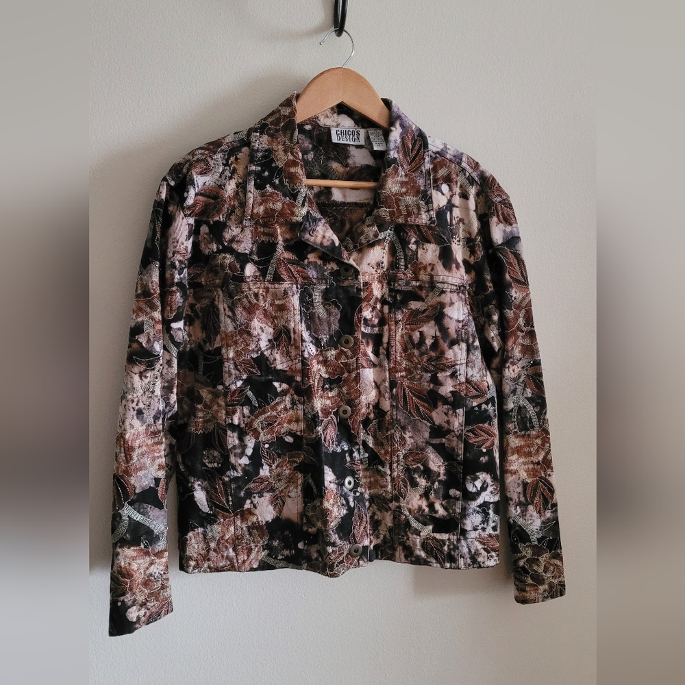Chico's Design Autumn Leaf Embroidered Denim Jacket, Women's XL, Brown & Cream